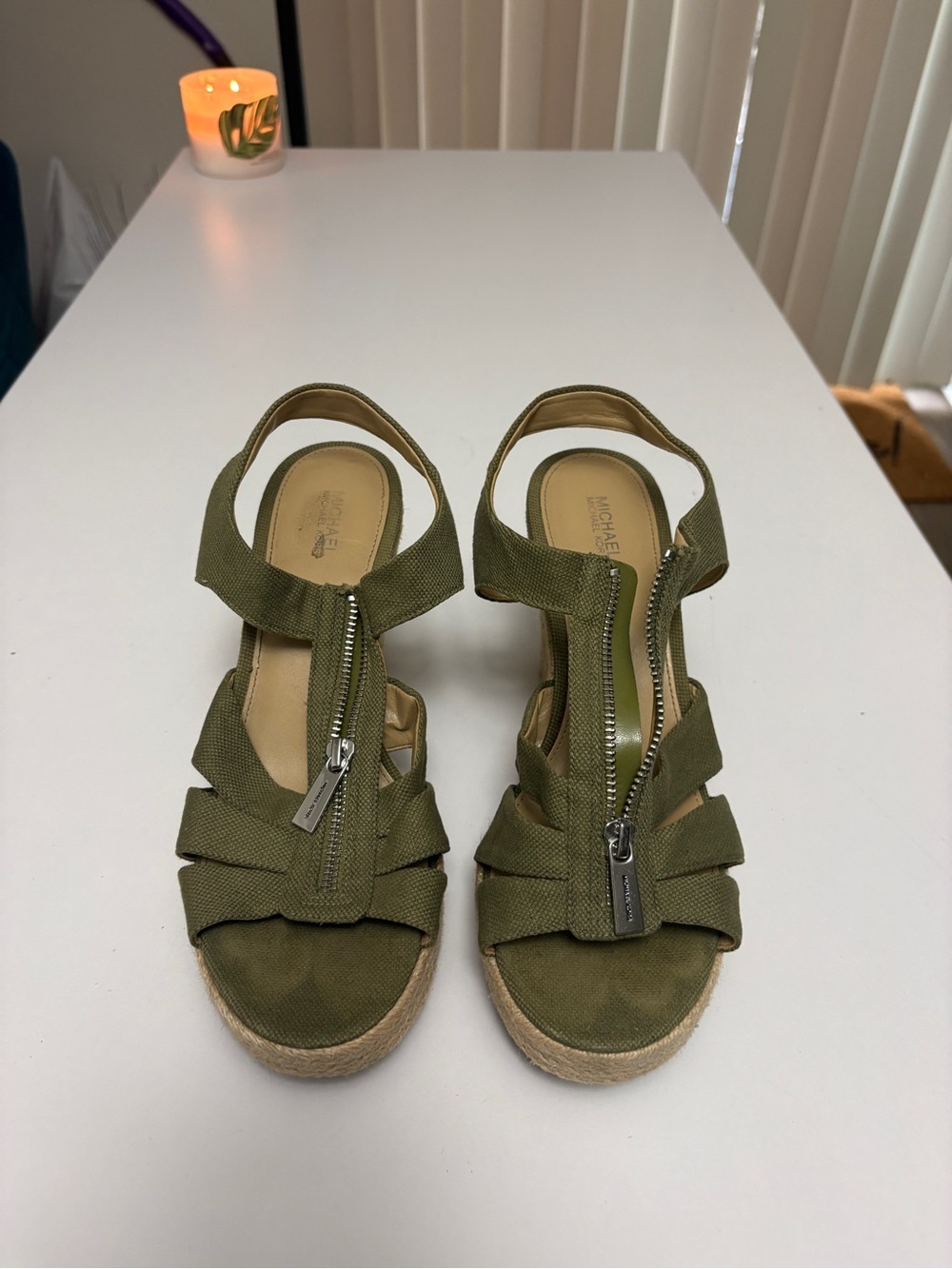 Michael Kors Olive Green Wedge Sandals with Front Zipper